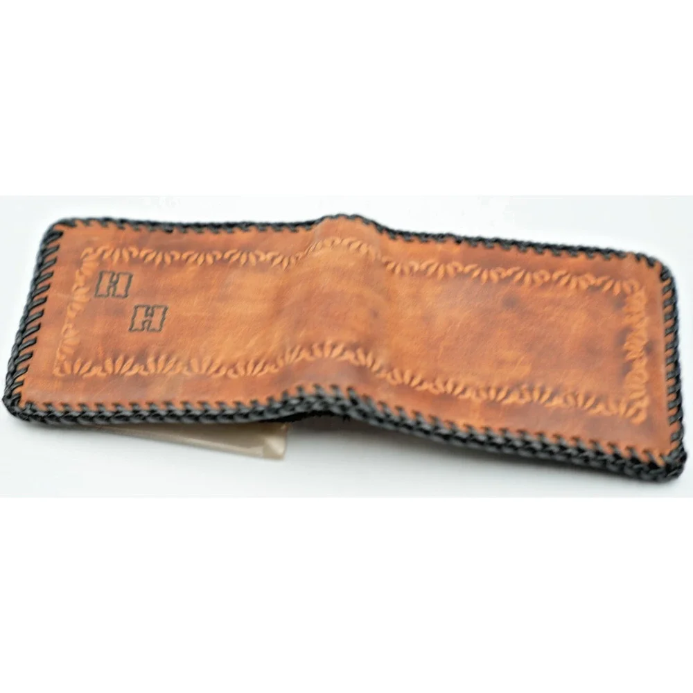 Vintage 1962 Handmade Leather Wallet Tooled Western Floral Design with Black‎